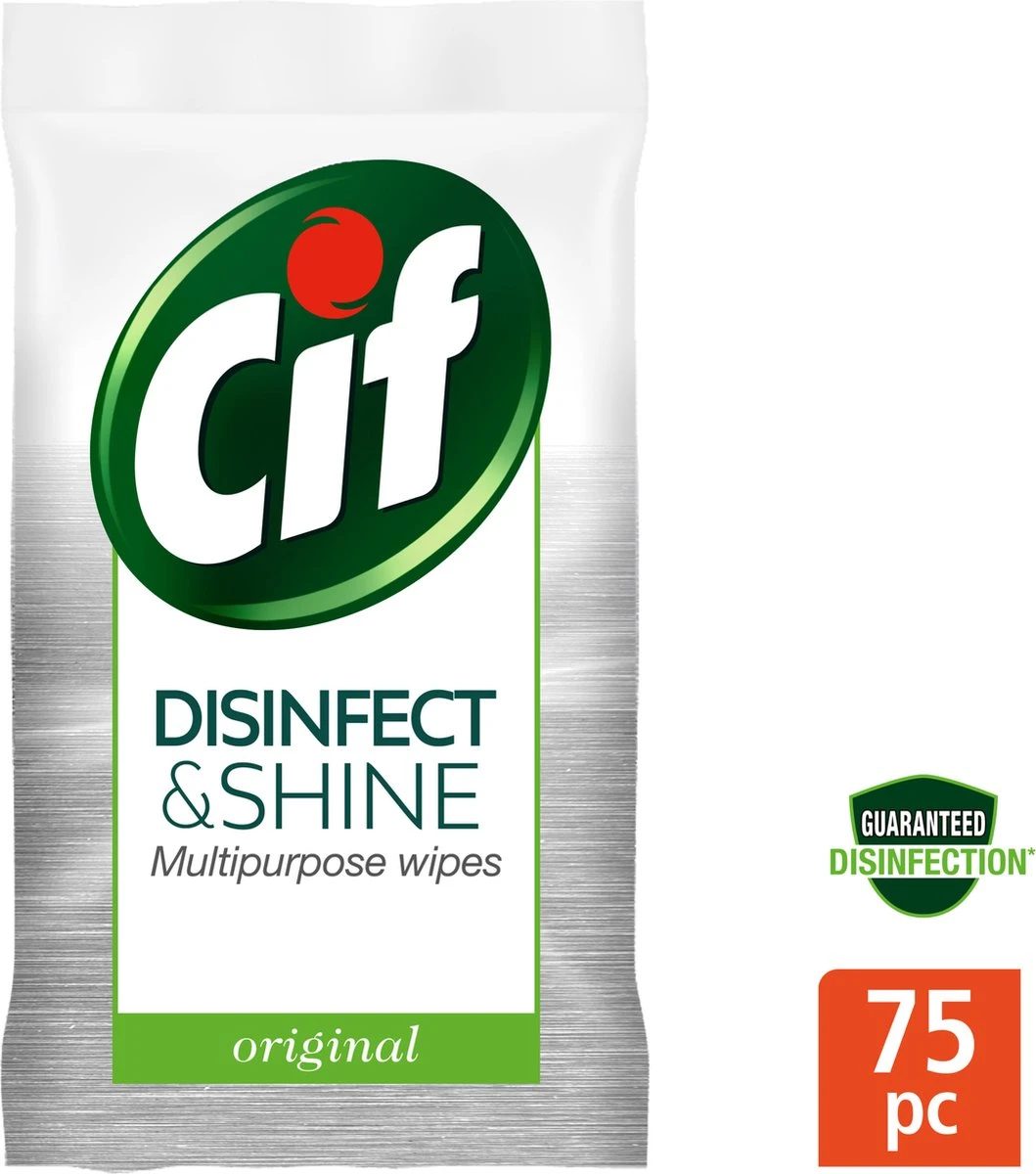 Cif Disinfect & Shine Wipes Doden 99,99% Van De Bacteriën Original Desinfecterende Schoonmaakdoekjes, Van 100% Biologisch Afbreekbaar Textiel 5 X 75 Doekjes 4 Cif Disinfect & Shine Wipes Doden 99,99% Van De Bacteriën Original Desinfecterende Schoonmaakdoekjes, Van 100% Biologisch Afbreekbaar Textiel 5 X 75 Doekjes - Afbeelding 2