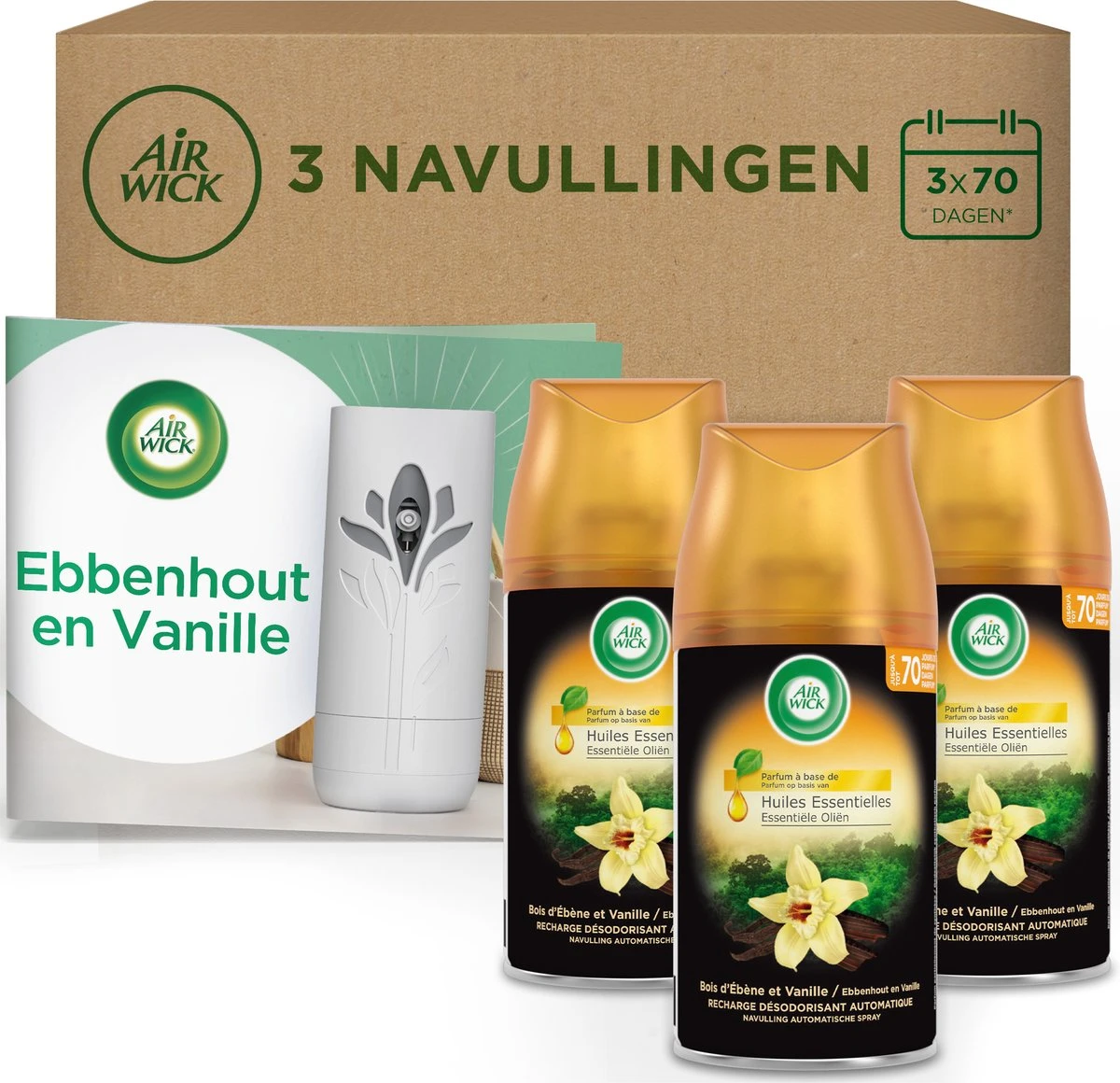 Air Wick Freshmatic Automatische Spray Luchtverfrisser - Ebbenhout & Vanille - 3 Navullingen 3 Air Wick Freshmatic Automatische Spray Luchtverfrisser - Ebbenhout & Vanille - 3 Navullingen