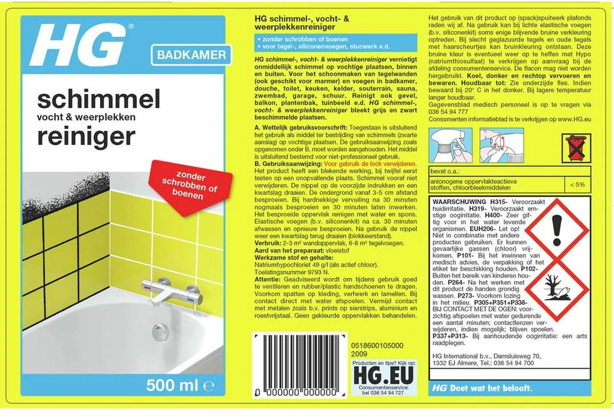 HG Schimmelreiniger - 500ml - De NR 1 Schimmelverwijderaar - Vernietigt De Hardnekkigste Schimmel - Geschikt Voor De Badkamer, Tegel-, Siliconenvoegen, Stucwerk 4 HG Schimmelreiniger - 500ml - De NR 1 Schimmelverwijderaar - Vernietigt De Hardnekkigste Schimmel - Geschikt Voor De Badkamer, Tegel-, Siliconenvoegen, Stucwerk - Afbeelding 2