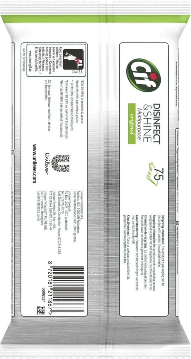 Cif Disinfect & Shine Wipes Doden 99,99% Van De Bacteriën Original Desinfecterende Schoonmaakdoekjes, Van 100% Biologisch Afbreekbaar Textiel 5 X 75 Doekjes 7 Cif Disinfect & Shine Wipes Doden 99,99% Van De Bacteriën Original Desinfecterende Schoonmaakdoekjes, Van 100% Biologisch Afbreekbaar Textiel 5 X 75 Doekjes - Afbeelding 5